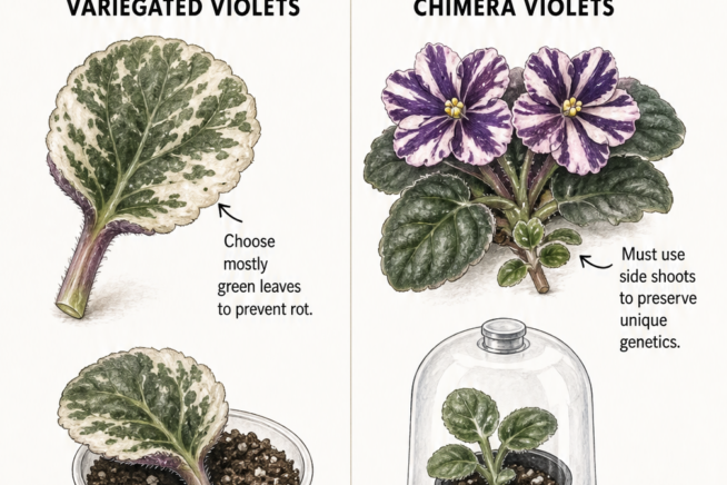 Illustration comparing propagation methods for variegated African violets using green leaves and chimera violets using side shoots.