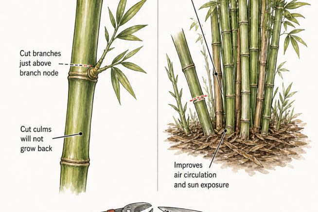 Botanical illustration demonstrating proper bamboo pruning techniques, including cutting above the node and thinning the clump.