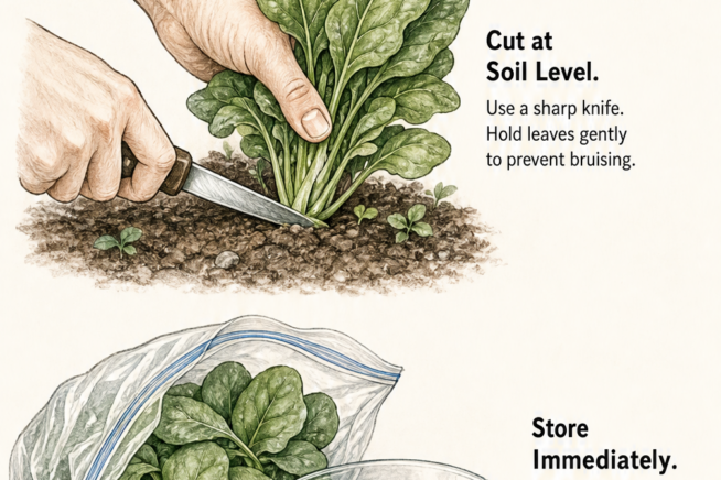 Illustration demonstrating how to cut spinach at soil level and store it in a plastic bag in the refrigerator.
