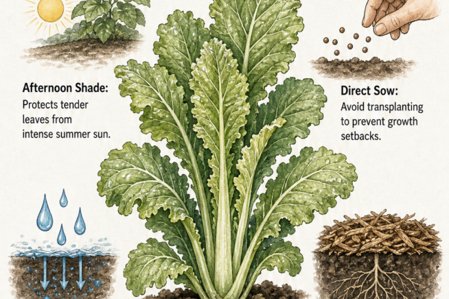 Botanical illustration detailing four ways to protect summer mustard greens from bolting: afternoon shade, direct sowing, consistent moisture, and heavy mulch.