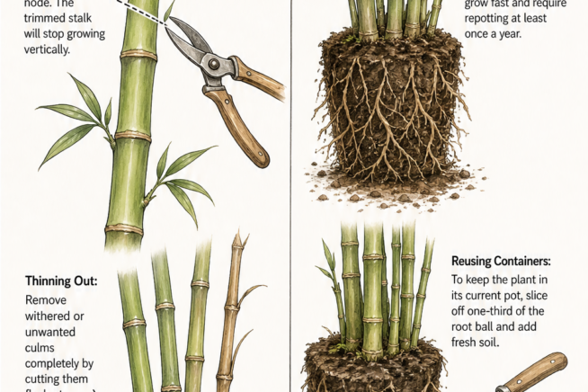 Botanical illustration demonstrating how to prune bamboo culms and manage the root ball for potted plants