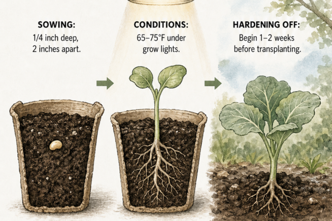 Botanical illustration showing cabbage seedling growth from sowing a seed in a pot to hardening off outdoors