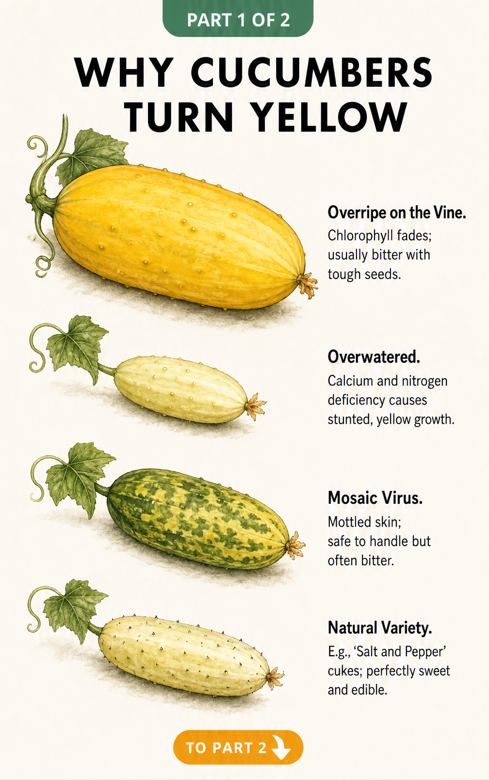 Botanical illustration showing four reasons cucumbers turn yellow: overripe on the vine, overwatered, mosaic virus, and natural yellow varieties.
