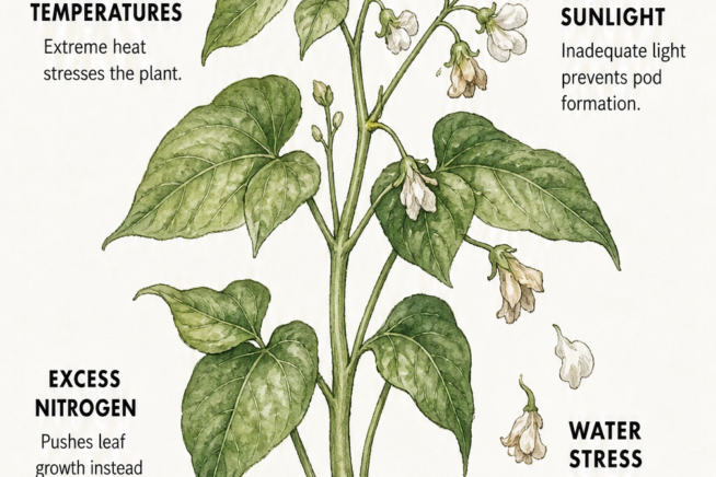 Illustration of a green bean plant dropping flowers with text explaining causes like high temperatures, low sunlight, excess nitrogen, and water stress