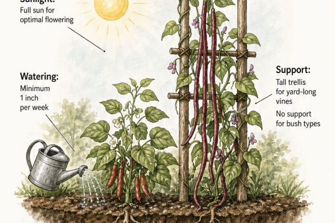 Illustration of a garden bed showing bush and trellis red bean plants with sunlight, watering, and soil requirements.
