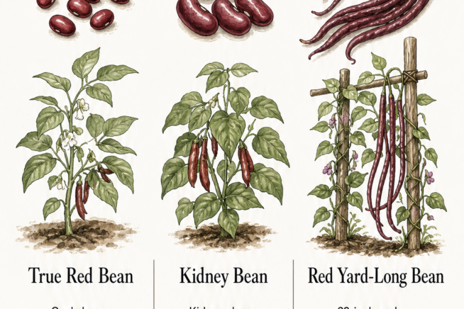 Botanical illustration comparing three red bean varieties: true red bean, kidney bean, and red yard-long bean with their growth habits and uses.