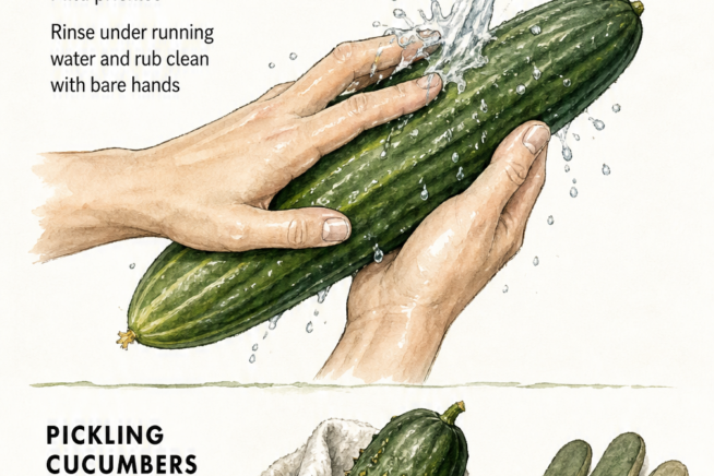 Illustration showing how to remove prickles from slicing and pickling cucumbers using water and gloves