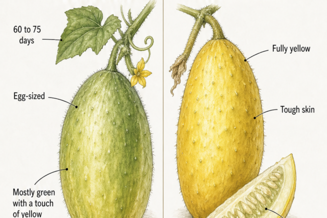 Illustration comparing a perfectly ripe, mostly green lemon cucumber to an overripe, fully yellow one with tough skin and hard seeds.
