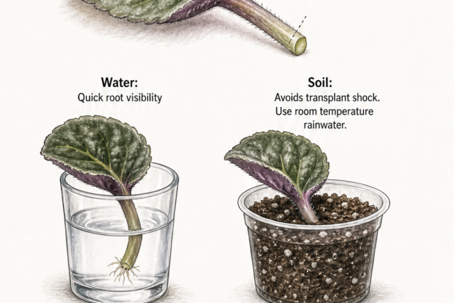Botanical illustration showing how to root African violet leaves in water and soil over a five-month timeline.