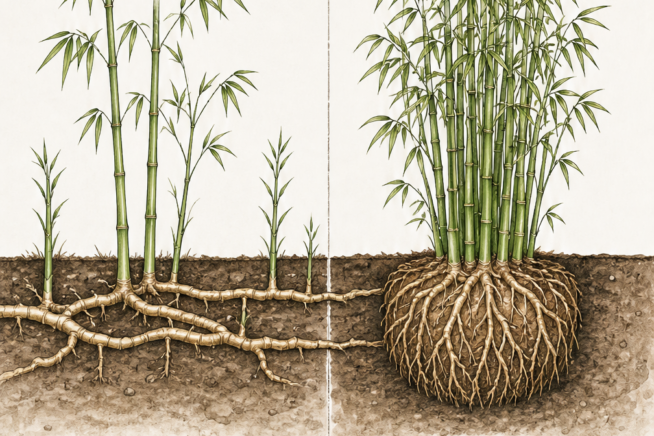 Botanical illustration comparing the root systems of running bamboo and clumping bamboo.