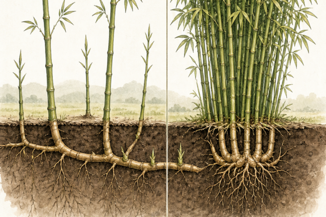 Cross-section illustration showing the difference between running bamboo with leptomorph rhizomes and clumping bamboo with pachymorph rhizomes