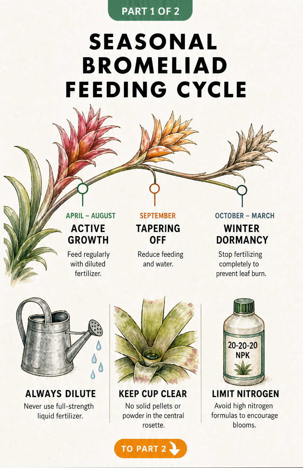 A timeline showing the seasonal bromeliad feeding cycle from active growth in spring to winter dormancy, along with basic fertilizing rules.