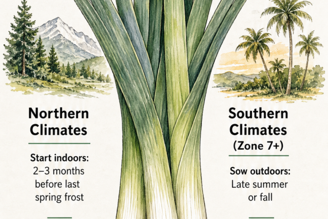 Seasonal leek planting timeline showing when to start seeds and harvest in northern and southern climates
