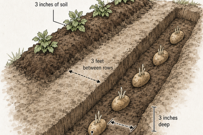 Botanical illustration showing seed potatoes planted in garden trenches with 3 feet between rows and 12 inches apart.