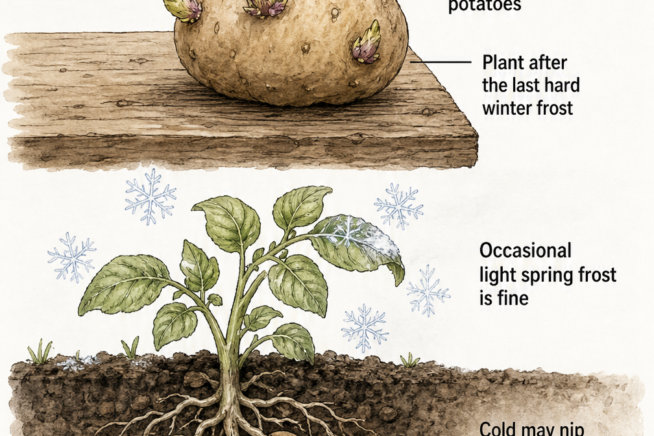 Illustration showing a chitting seed potato and a growing potato plant surviving light spring frost above ground.