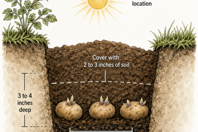 Cross-section illustration of a garden trench showing seed potatoes planted 3 to 4 inches deep and 2 feet apart with compost and bone meal.