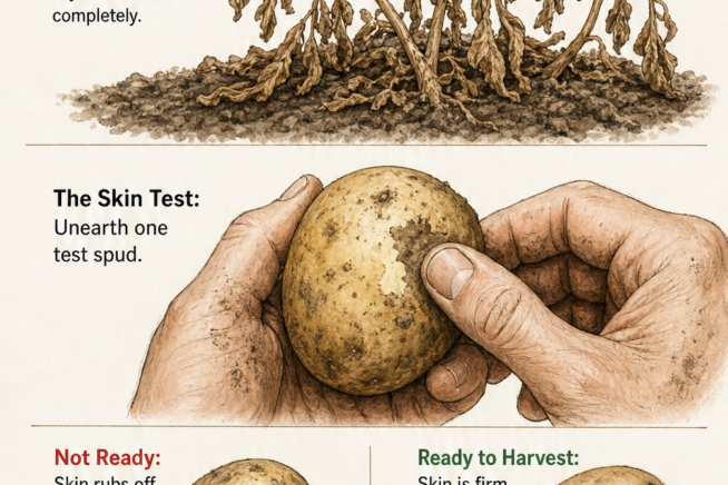 Illustration showing withered potato foliage above ground and a thumb rubbing firm potato skin below ground to test for ripeness.