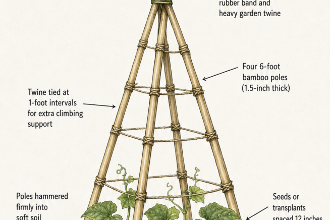 Illustration of a bamboo teepee cucumber trellis in a garden bed, showing four 6-foot poles secured at the top with twine tied at 1-foot intervals.