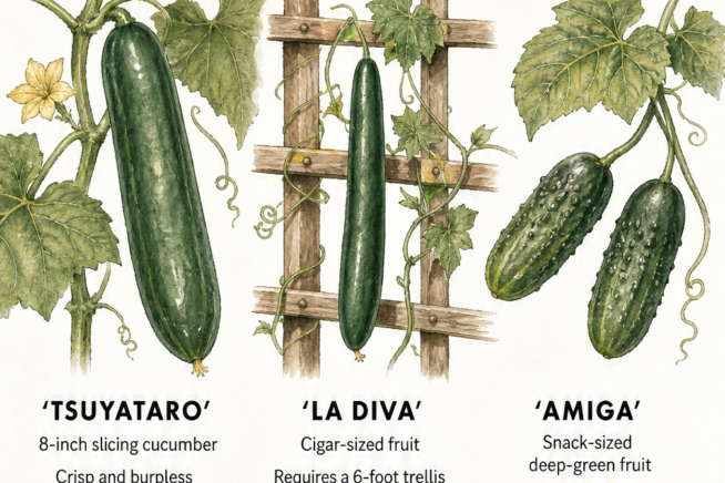 Watercolor illustration of three smooth-skinned cucumber varieties: Tsuyataro, La Diva, and Amiga