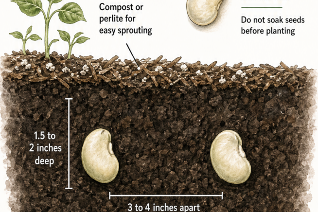 Illustration showing how to plant lima bean seeds in garden soil, indicating depth and spacing.