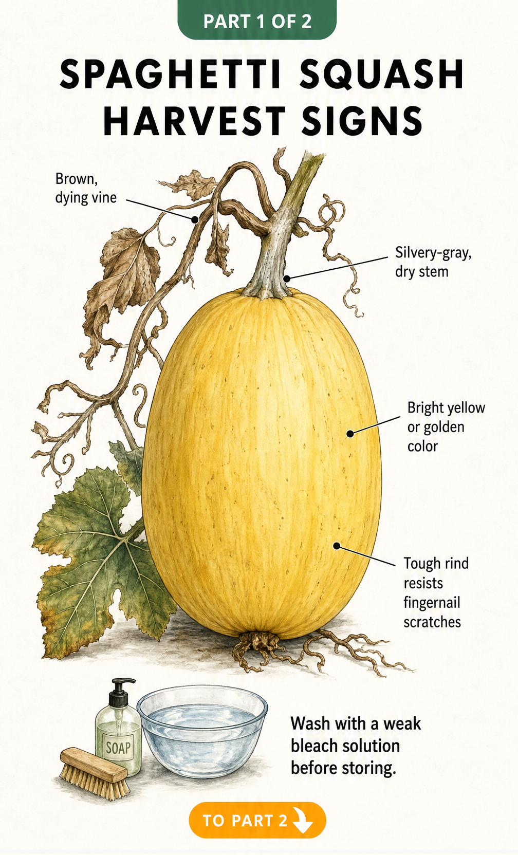 Illustration showing signs of a ripe spaghetti squash, including a brown vine, dry stem, golden rind, and tough skin.