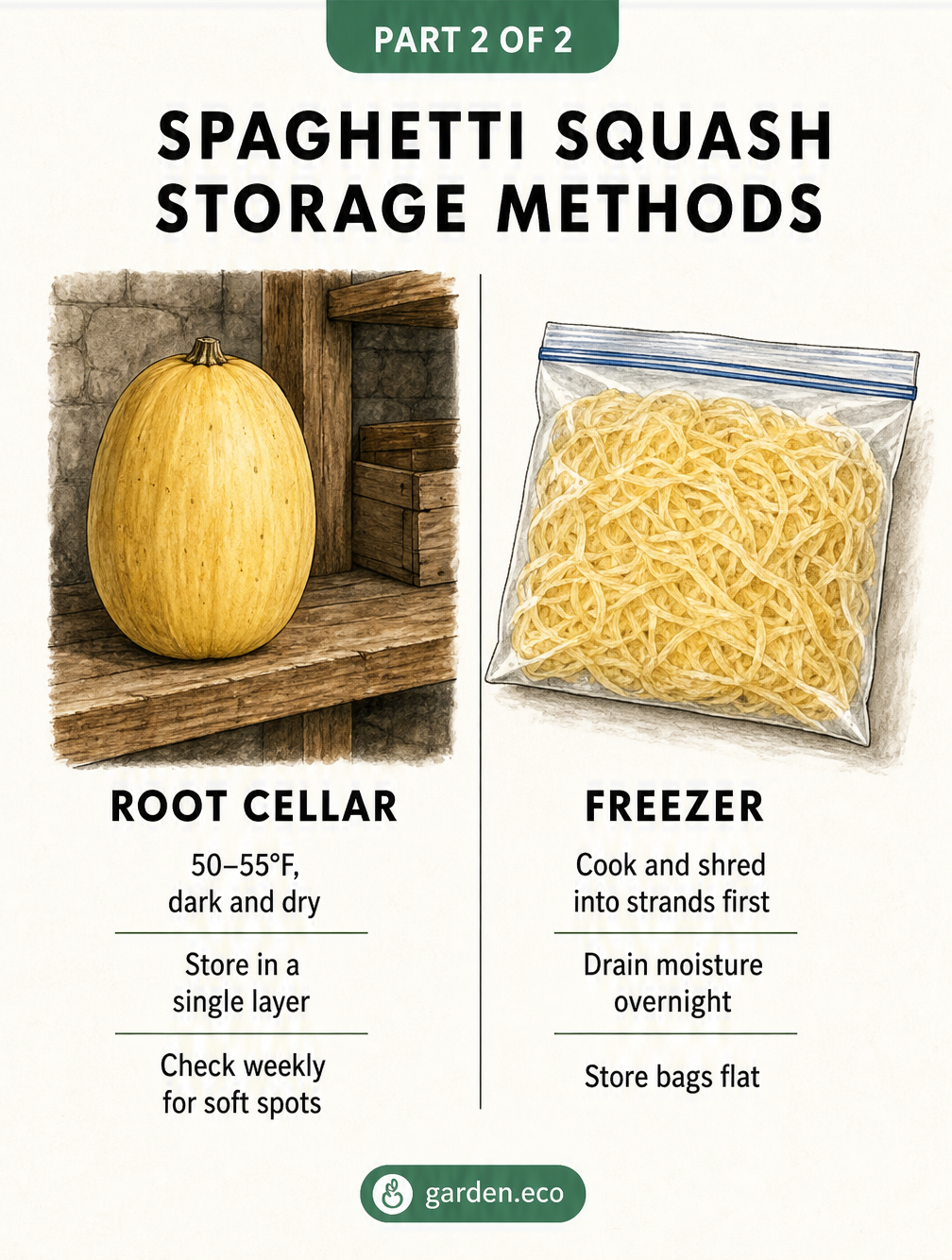 Illustration comparing two spaghetti squash storage methods: keeping whole squash in a root cellar versus freezing cooked strands in bags.