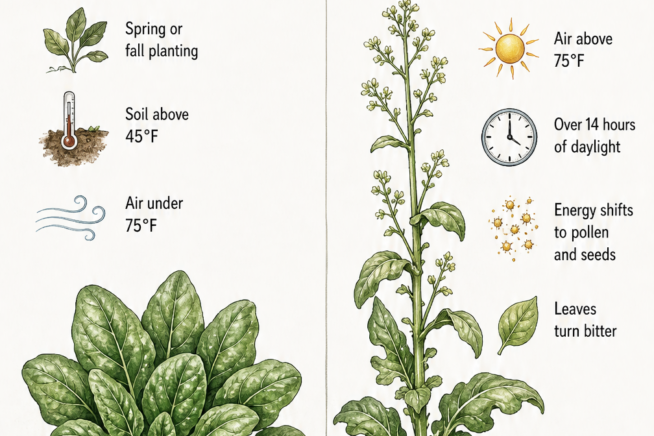 Botanical illustration comparing a flat, harvest-ready spinach rosette with ideal growing conditions to a bolted spinach plant with a tall stem and flowers...