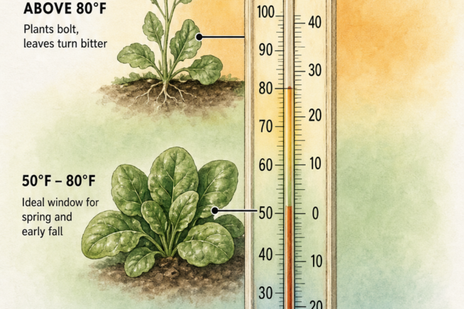 Illustration of a garden thermometer showing the ideal temperature range for growing spinach between 50 and 80 degrees Fahrenheit.
