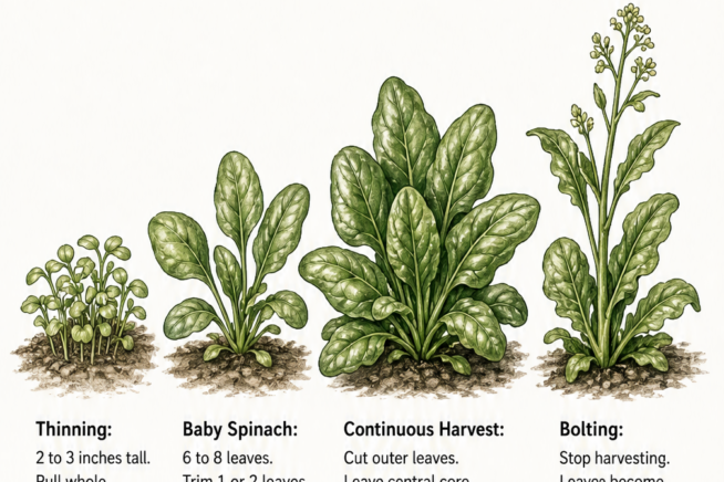 Four botanical illustrations showing the growth stages of a spinach plant from seedling to bolting.