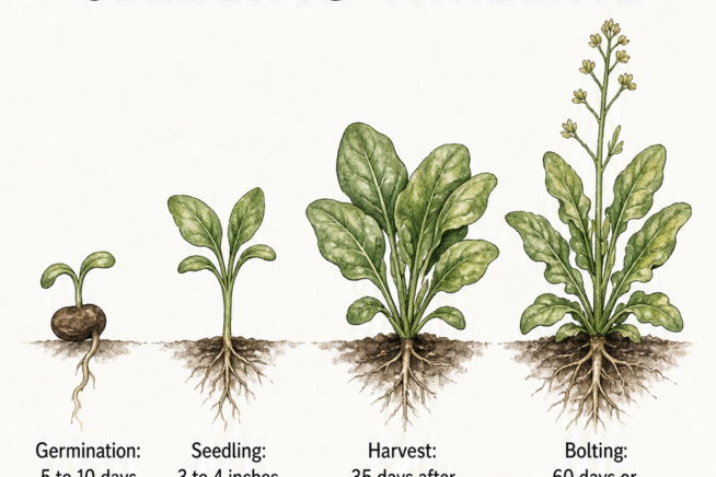 Timeline of spinach growth stages from germination to bolting with temperature and care tips.