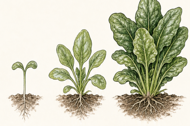 Botanical illustration showing three growth stages of spinach: seedling, baby leaves, and full maturity.