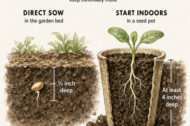 Cross-section illustration showing spinach seeds planted half an inch deep in the garden and a seedling in a four-inch deep pot.