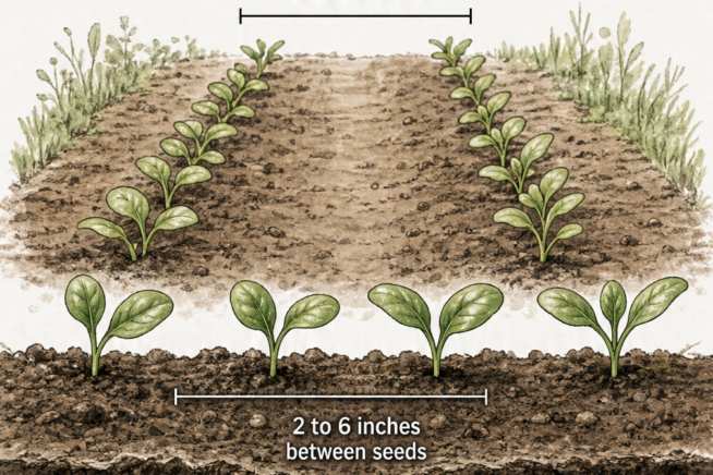 Botanical illustration showing spinach seed planting depth of half an inch and spacing of 2 to 6 inches between seeds.