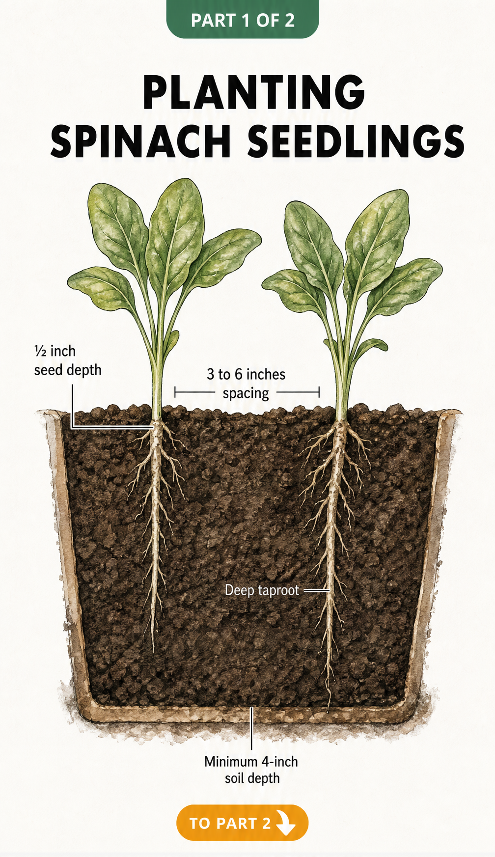 Botanical cross-section showing spinach seedlings with deep taproots, seed depth, and spacing requirements.