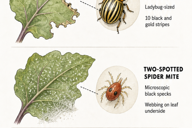 Botanical illustration showing eggplant leaf damage from Colorado potato beetles, two-spotted spider mites, and eggplant lace bugs