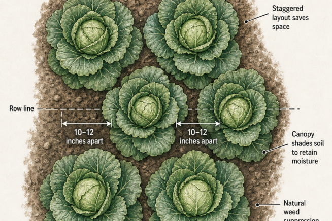 Top-down view of a staggered cabbage planting layout showing plants arranged in a diamond pattern along a row line to save space and shade the soil.