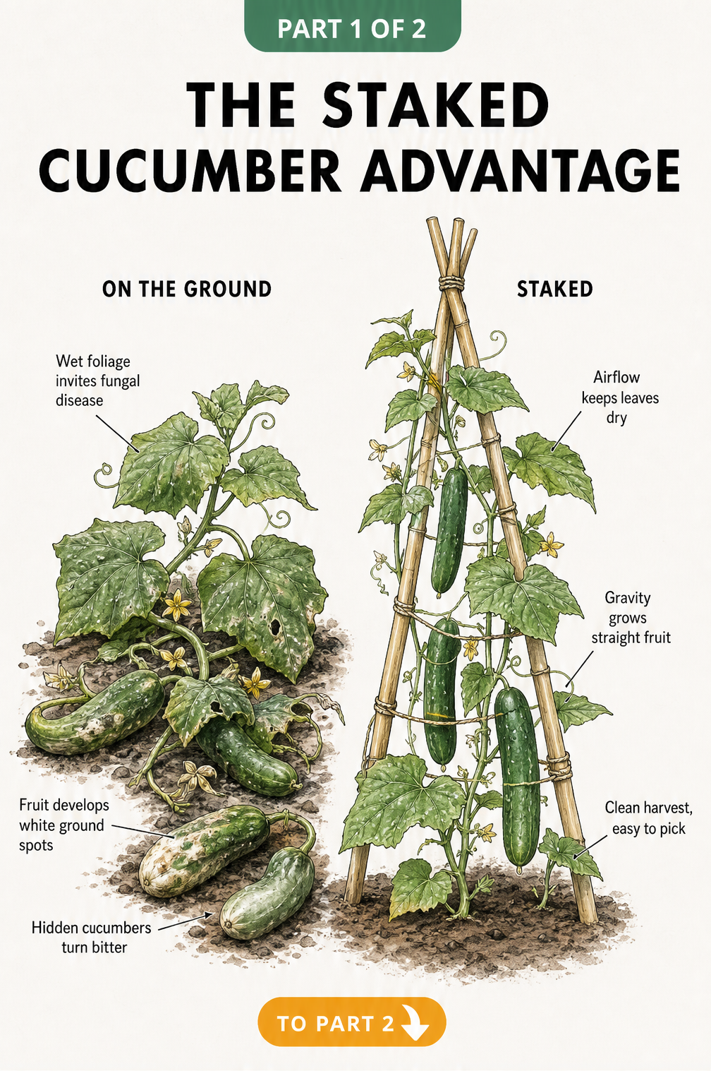 Side-by-side comparison of a sprawling cucumber plant with fungal disease and a healthy staked cucumber plant growing on a bamboo teepee.