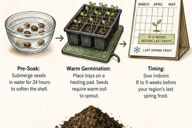 Illustration showing how to start jicama seeds indoors, including pre-soaking, warm germination on a heating pad, timing before frost, and alkaline soil needs.