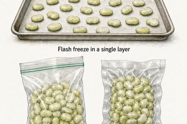 Illustration showing how to flash freeze and store lima beans in zip-lock or vacuum-packed bags