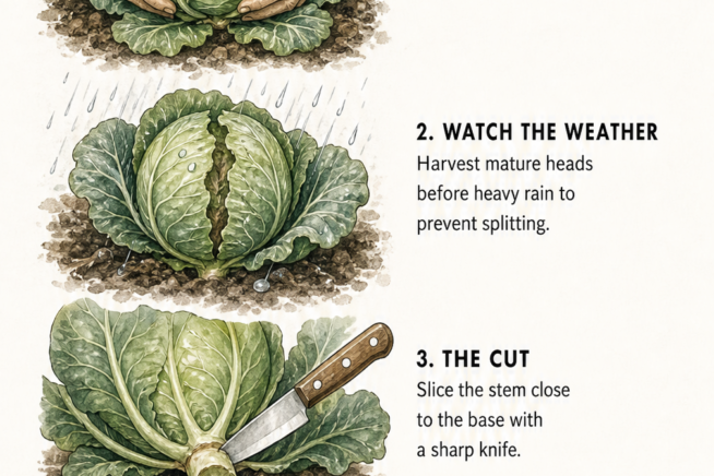 Four-step illustration showing how to test cabbage firmness, watch for rain, cut the stem, and grow a second harvest