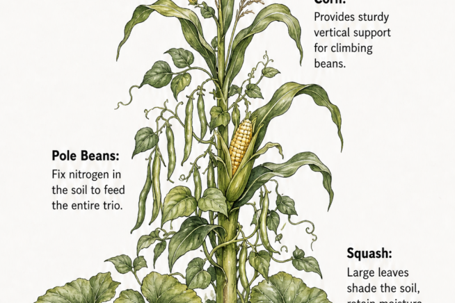 Illustration of the Three Sisters companion planting method showing corn, pole beans, and squash growing together