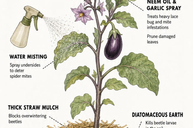 Diagram of a healthy eggplant showing treatments like straw mulch, diatomaceous earth, water misting, and neem oil spray