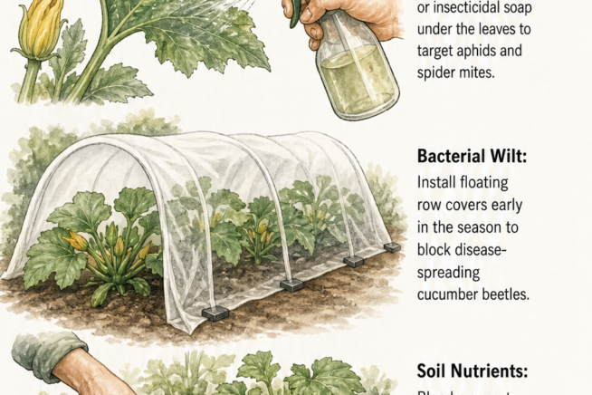 Illustration showing how to treat yellowing zucchini plants by spraying neem oil under leaves, using floating row covers, and adding organic fertilizer.