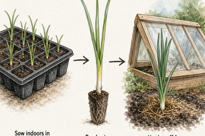 Cross-section illustration of planting a leek transplant in a trench and hilling soil around the mature stem to blanch it.