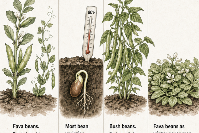 Illustration comparing cool season fava beans with warm season bush and pole beans