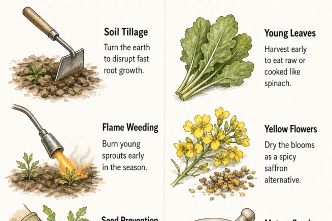 Illustration showing control methods like soil tillage and flame weeding alongside culinary uses for wild mustard leaves, flowers, and seeds.