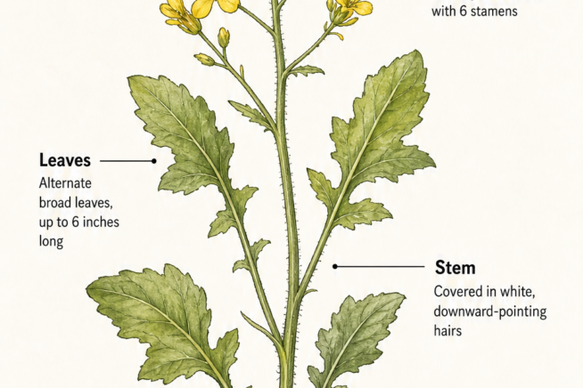 Botanical illustration of wild mustard weed highlighting its yellow flowers, broad leaves, hairy stems, and purple base.