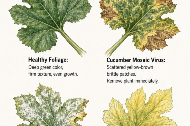 Botanical illustration comparing healthy green zucchini leaves with yellowing leaves caused by cucumber mosaic virus, powdery mildew, and nutrient deficiency.