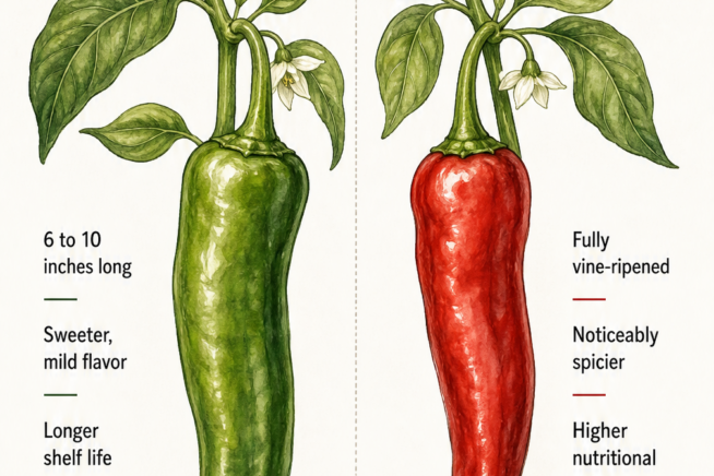 Illustration showing the difference between green and red Anaheim peppers, including size, flavor, and shelf life.