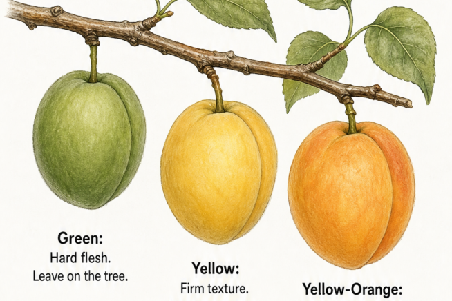 Illustration showing three stages of apricot ripening on a branch, from green to yellow to yellow-orange.